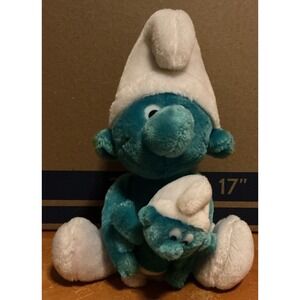 Vintage 1981 Peyo Wallace Berrie Co. Smurf w/ Baby Plush 10" Stuffed Toy